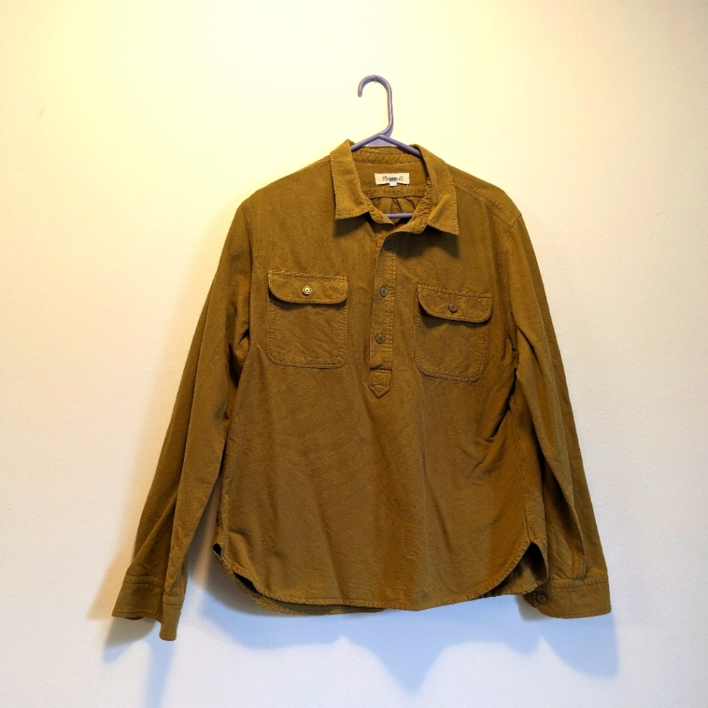Madewell half-button-up over-shirt, mustard/olive color, men's Large